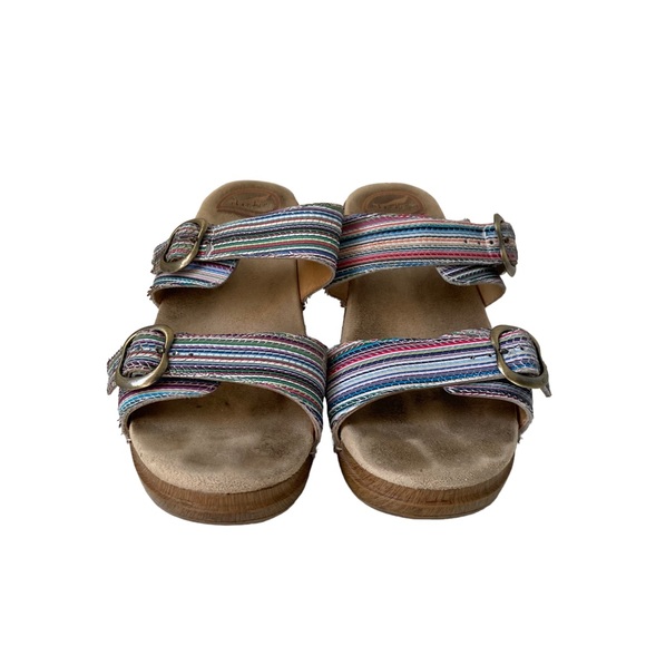 Dansko Sophie Sandals Heels Wedge Two Strap Buckle Multi Color Leather Comfort - Picture 3 of 9